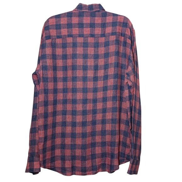 Robert Barakett Mens Longsleeve Plaid Linen‎ Button-Up Shirt Blue/Salmon L - Picture 5 of 13